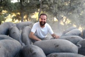 Productor de jamón ecológico Antonio Marin, rodeado de cerdos de raza ibérica