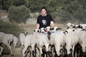 Ángeles Santos de Pedro walking behind a flock of sheep