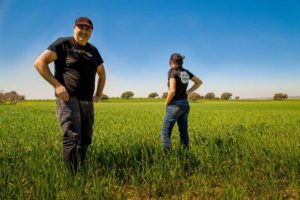 Arrate and Igor Corres standing in a field of young wheat
