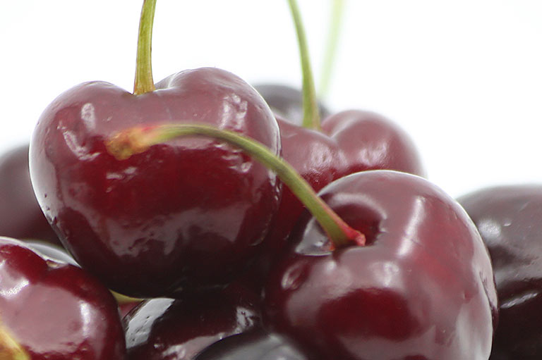 Close up of a group of deep red cherries