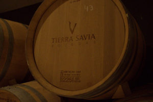 Detail of a stacked wine barrel with the Tierra Savia logo on it