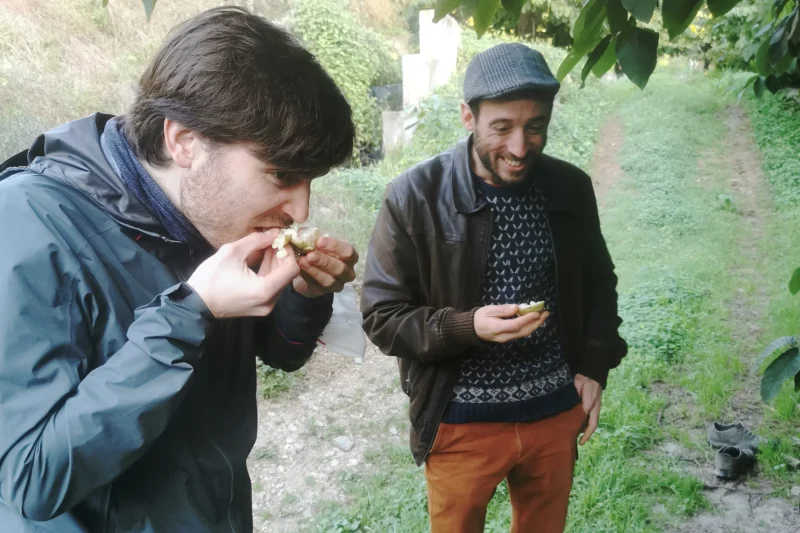 Christopher and Nicolas eating custard apples